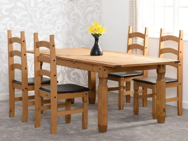 Seconique Corona Pine Extending Dining Table and 4 Brown Faux Leather Chairs