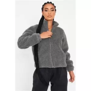 I Saw It First Charcoal Zip Front Borg Jacket - Grey