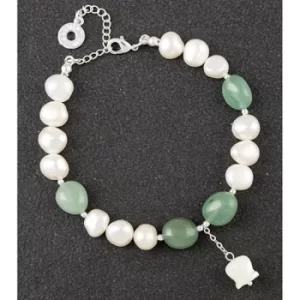 Freshwater Pearl Jade Silver Plated Flower Charm Bracelet