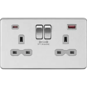 MLA Knightsbridge 13A 2 Gang DP Socket With Dual USB Charger Brushed Chrome W/Grey Insert - SFR9909BCG