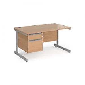 Dams International Straight Desk with Beech Coloured MFC Top and Silver Frame Cantilever Legs and 2 Lockable Drawer Pedestal Contract 25 1400 x 800 x