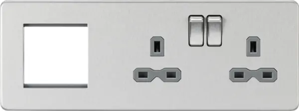 KnightsBridge Screwless 13A 2G DP Socket + 2G Modular Combination Plate - Brushed Chrome, Grey Insert