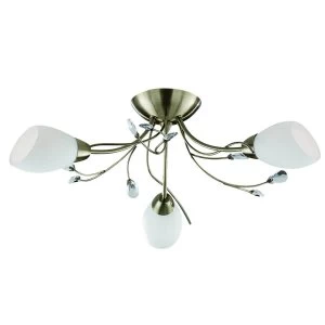 3 Light Semi Flush Multi Arm Ceiling Light Antique Brass, Crystal and Opal Glass, E14