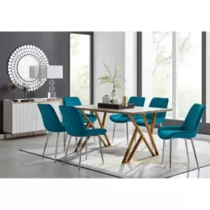 Furniture Box Taranto Oak Effect Dining Table and 6 Blue Pesaro Silver Leg Chairs