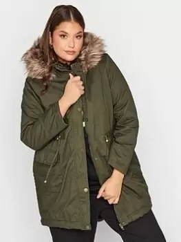 Yours Faux Fur Trim Hooded Parka - Khaki, Green, Size 22-24, Women