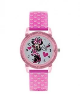 Disney Minnie Mouse Glitter Dial Pink Heart Print Strap Kids Watch