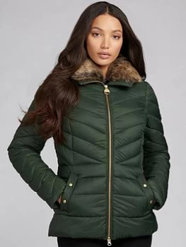 Barbour International Simoncelli Detachable Faux Fur Collar Fitted Quilted Jacket - Green, Size 10, Women