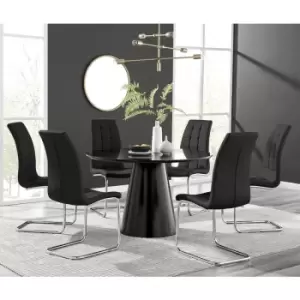 Furniturebox Palma Black Semi Gloss 120cm Round Minimalist Dining Table & 6 Black Murano Chairs