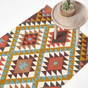 Oslo Orange, Brown and Yellow Multi Coloured 100% Cotton Diamond Pattern Rug, 120 x 170cm - Multi Colour - Homescapes