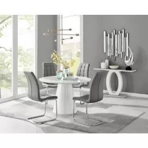 Furniturebox Palma White High Gloss 4 Seat Minimalist Post Modern Round Dining Table & 4 Grey Murano Faux Leather Chairs