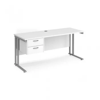 Office Desk Rectangular Desk 1600mm With Pedestal White Top With Silver Frame 600mm Depth Maestro 25 MC616P2SWH