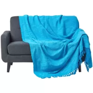 Nirvana Slub Cotton Teal Throw, 225 x 255cm - Blue - Homescapes