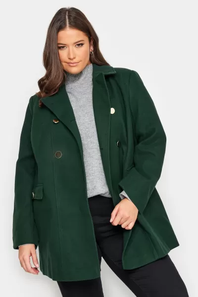 Yours Collared Double Breasted Formal Coat Green