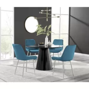 Furniturebox Palma Black Semi Gloss 120cm Round Minimalist Dining Table & 4 Blue Pesaro Silver Chairs