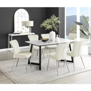 Furniturebox Carson White Marble Effect Rectangular 160cm Dining Table & 6 Cream Nora Silver Leg Velvet Chairs