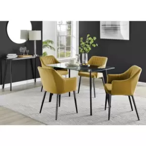 Furniturebox Malmo Rectangular Glass and Black Wooden Leg Modern Industrial Dining Table & 4 Mustard Calla Black Leg Velvet Chairs