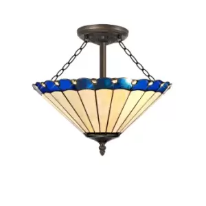 3 Light Semi Flush Ceiling E27 With 40cm Tiffany Shade, Blue, Crystal, Aged Antique Brass