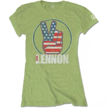 John Lennon - Peace Fingers US Flag Womens Small T-Shirt - Kiwi Green