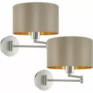 2 pack Wall Light Satin Nickel Moveable Stem Shade Taupe Gold Fabric E27 1x60W