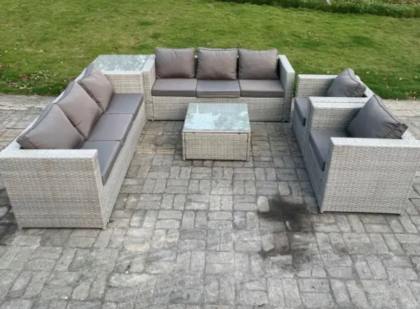 Fimous 8 Seater Outdoor Light Grey Rattan Lounge Complete Sofa Set with Side Table