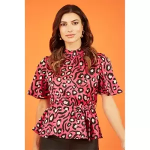 Mela London Pink Animal Print Belted High Neck Top - Pink