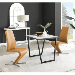 Furniturebox Carson White Marble Effect Square Dining Table & 2 Mustard Willow Faux Leather Chairs