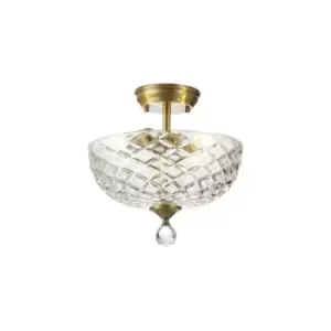 Dresden 2 Light Semi Flush Ceiling Lamp E27 With Flat Round 30cm Patterned Glass Shade Antique Brass, Clear