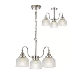 DeRuyter Semi Flush, Ceiling Pendant, 3 Light E27, Polished Nickel, Prismatic Glass