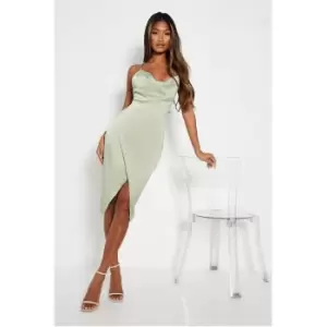 I Saw It First Petite Asymmetric Cowl Neck Satin Midi Dress - Green