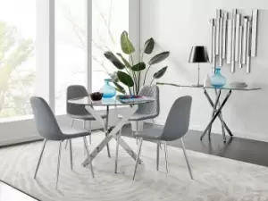 Novara Clear Tempered Glass 100cm Round Dining Table with Chrome Starburst Legs & 4 Corona Faux Leather Silver Leg Chairs