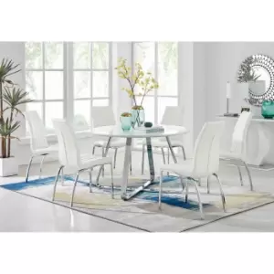 Furniture Box Santorini White Round Dining Table and 6 White Isco Chairs