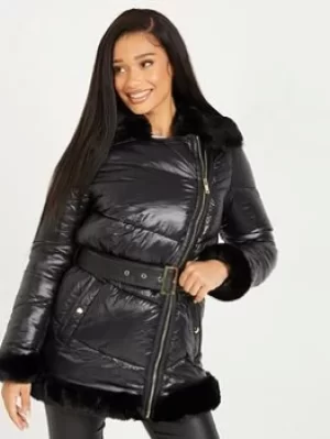 Quiz Padded Faux Fur Jacket, Black, Size 14, Women