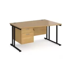 Office Desk Right Hand Wave Desk 1400mm With Pedestal Oak Top With Black Frame Maestro 25 MC14WRP2KO