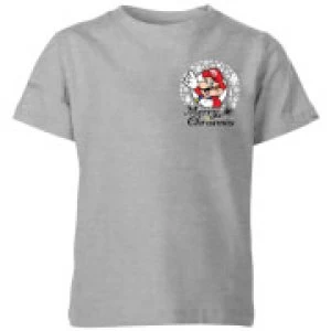 Nintendo Super Mario Mario Merry Christmas Pocket Wreath Kid's T-Shirt - Grey - 11-12 Years