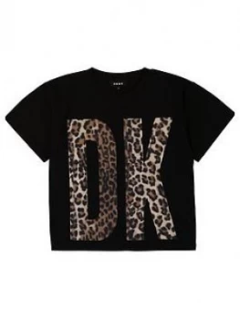 DKNY Girls Short Sleeve Leopard Logo Boxy T-Shirt, Black, Size Age: 10 Years, Women