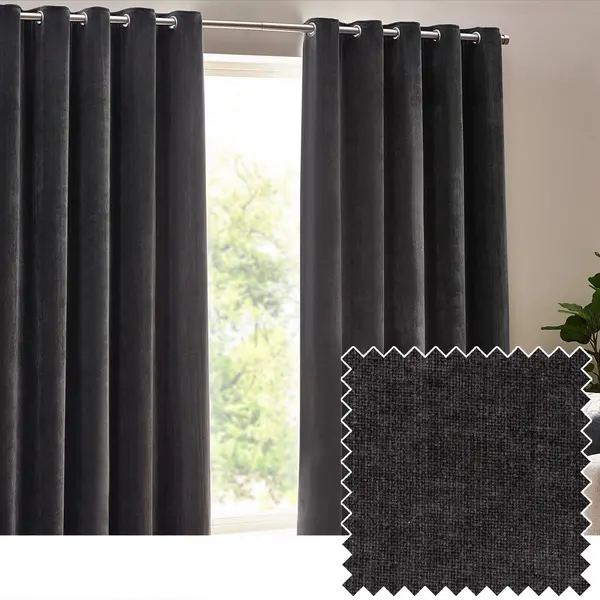 Yard Heavy Chenille Woven Velvet Eyelet Curtain Charcoal