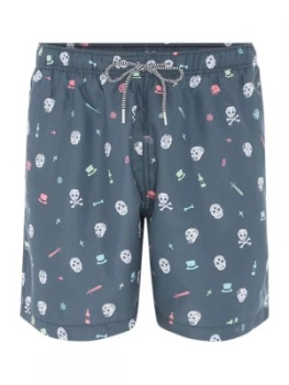 Mens Boardies Day of the Dead Print Mid Length Swim Short Blue