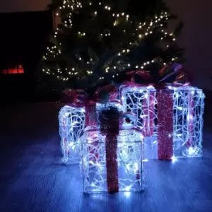 Samuel Alexander - Set of 3 LED Christmas Parcel boxes in White with Red Ribbon