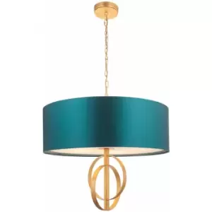 Antique Gold Ceiling Pendant Light & Teal Satin Shade - 5 Bulb Hanging Fitting