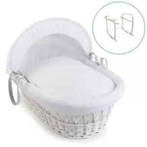 Clair de Lune Waffle White Wicker Moses Basket in White & White Deluxe Rocking Stand - White