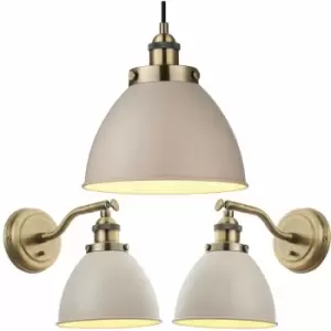 Ceiling Pendant Lamp & 2x Matching Wall Light Pack Industrial Grey Brass Shade