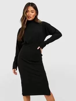 Boohoo Soft Rib Roll Neck Midi Dress - Black Size 10, Women