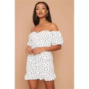 I Saw It First Petite Polka Dot Ruched Puff Sleeve Mini Dress - White