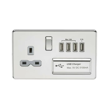 Screwless 13A switched socket with quad USB charger (5.1A) - polished chrome with grey insert - Knightsbridge