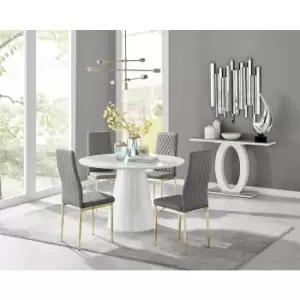 Furniturebox Palma White High Gloss 4 Seat Minimalist Post Modern Round Dining Table & 4 Grey Milan Gold Leg Faux Leather Chairs