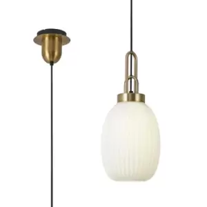 Yorktown Ceiling Pendant E27 With 20cm Almond Ribbed Glass, Opal Brass Gold, Matt Black