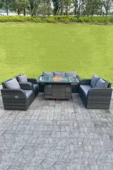 Fimous 7 Seater Outdoor Dark Grey Rattan Lounge Complete Sofa Set with Gas Fire Pit Table, Heater and Reclining Chairs