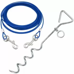 Pet Dog Puppy Outdoor Tie Out Lead Leash Extension Wire Cable Metal Stake Anchor - Blue - X-Large