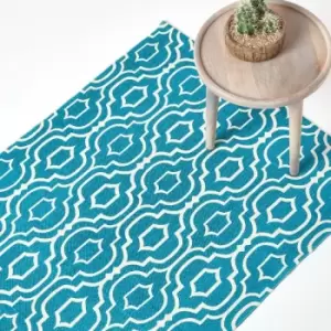 Riga Teal and White 100% Cotton Printed Patterned Rug, 90 x 150cm - Blue - Homescapes