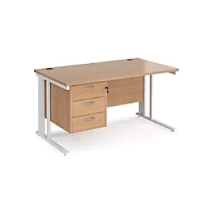 Rectangular Straight Desk Beech Wood Cable Managed Legs White Maestro 25 1400 x 800 x 725mm 3 Drawer Pedestal